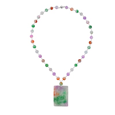 Multi Color Jade (D) 300.00 ctw Carved Dragon with Beaded Necklace in Rhodium Over Sterling Silver 20 Inches
