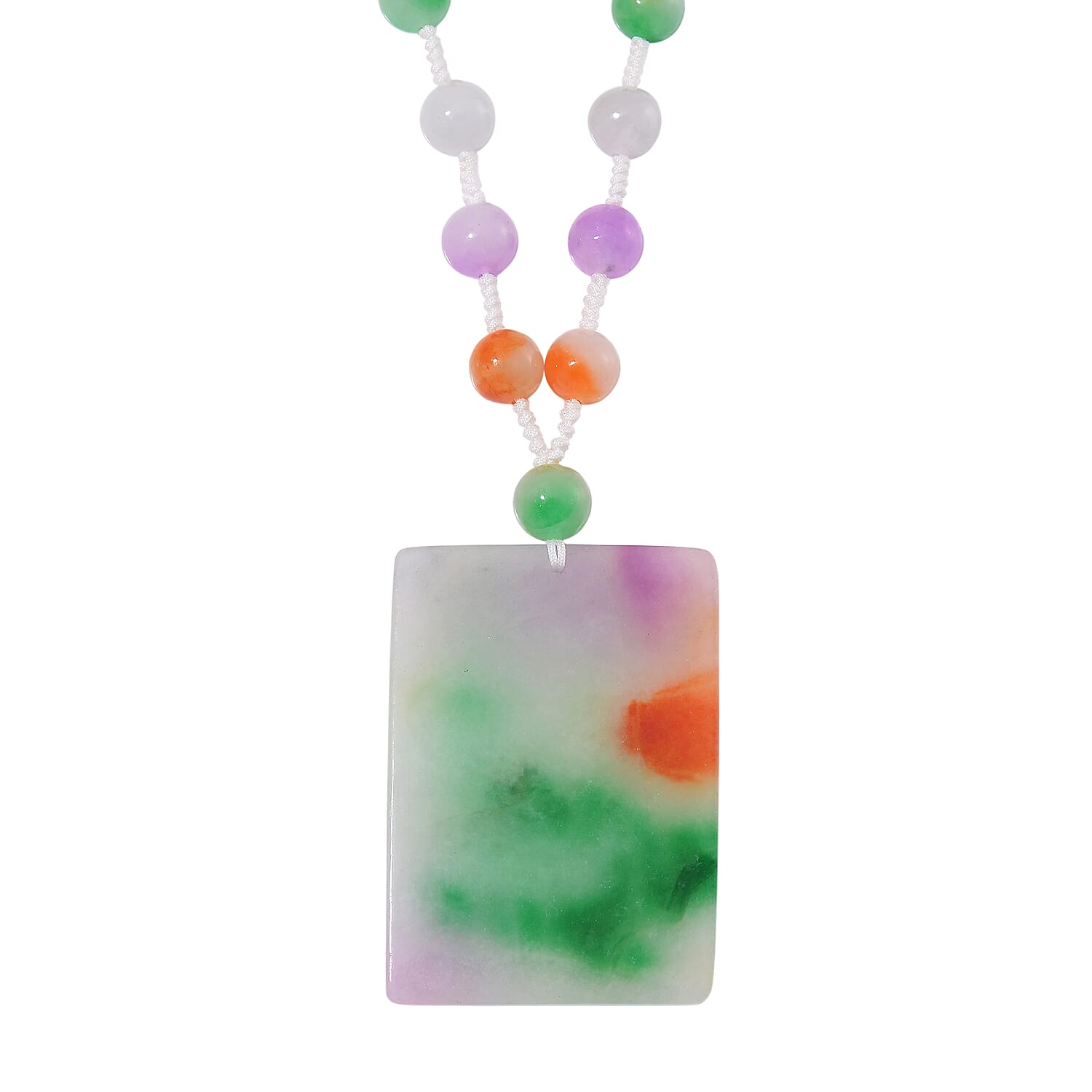 Multi Color Jade (D) 300.00 ctw Carved Dragon with Beaded Necklace in Rhodium Over Sterling Silver 20 Inches