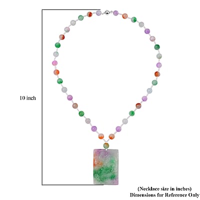 Multi Color Jade (D) 300.00 ctw Carved Dragon with Beaded Necklace in Rhodium Over Sterling Silver 20 Inches