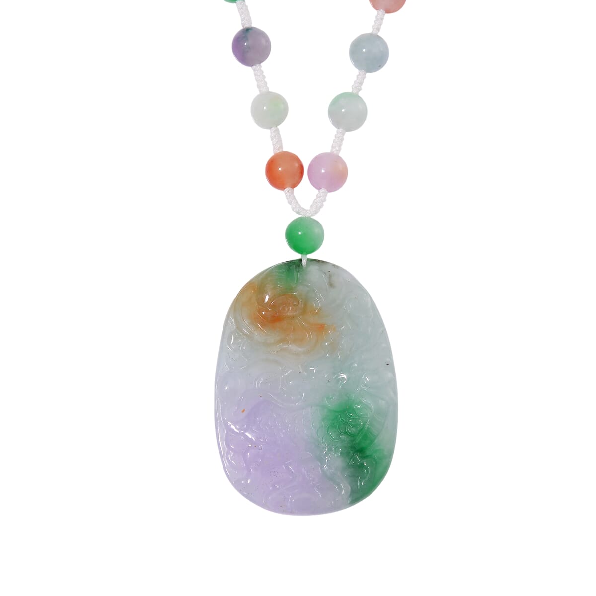 Multi Color Jade (D) 300.00 ctw Carved Qilin with Beaded Necklace in Rhodium Over Sterling Silver 20 Inches image number 0