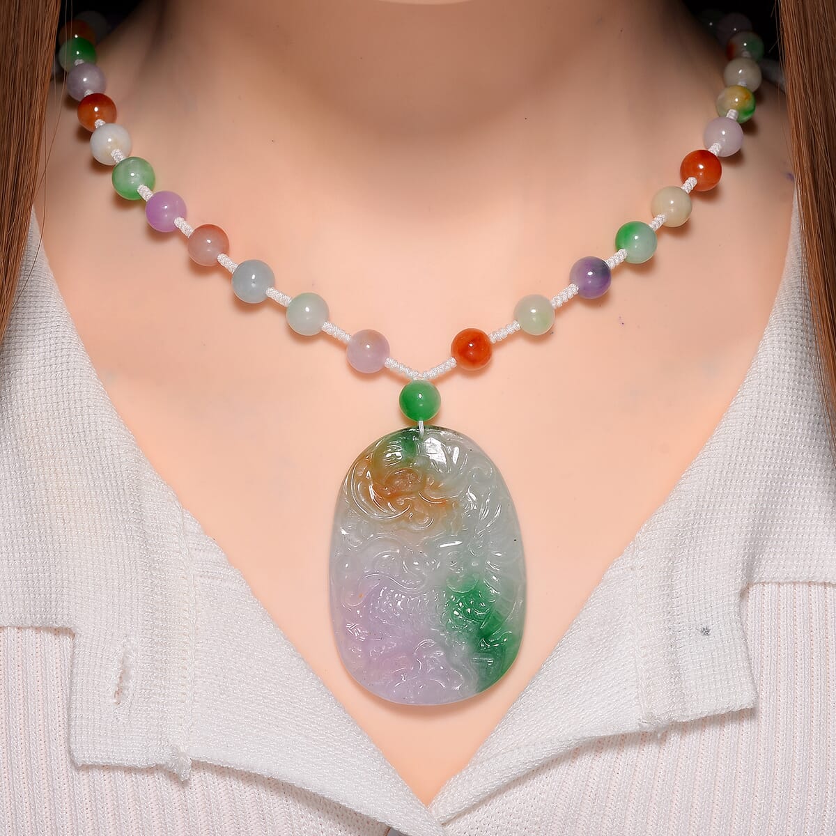 Multi Color Jade (D) 300.00 ctw Carved Qilin with Beaded Necklace in Rhodium Over Sterling Silver 20 Inches image number 1