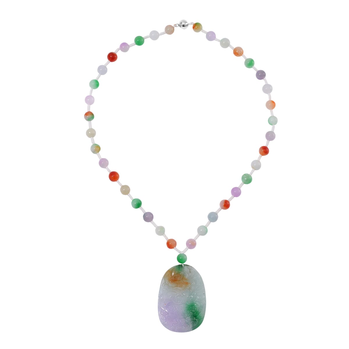 Multi Color Jade (D) 300.00 ctw Carved Qilin with Beaded Necklace in Rhodium Over Sterling Silver 20 Inches image number 2
