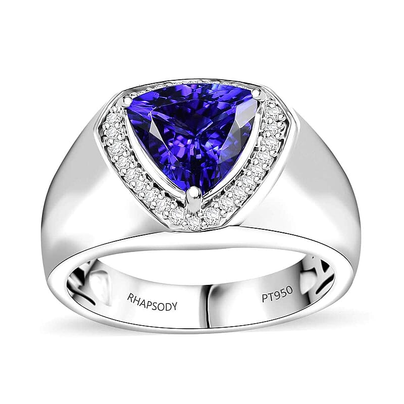 Certified & Appraised Rhapsody AAAA Tanzanite and E-F VS Diamond 3.10 ctw Shield Men's Ring in 950 Platinum (Size 10.0) 12.40 Grams