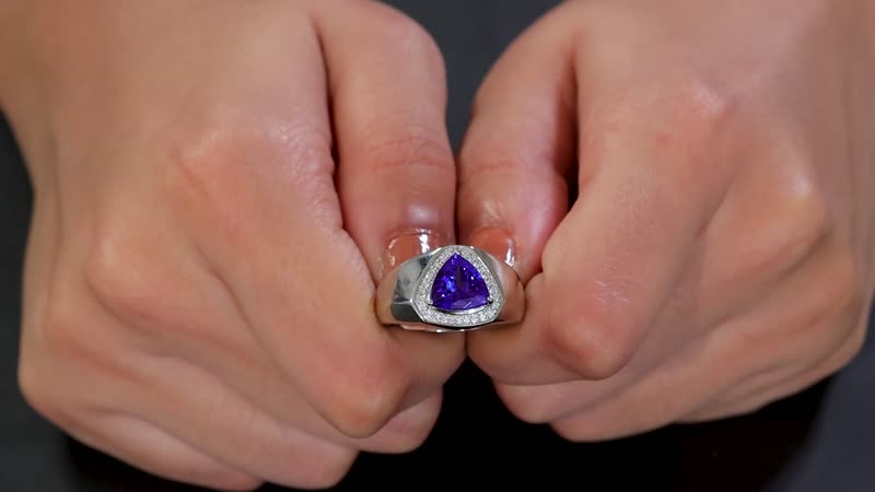 Rhapsody AAAA Tanzanite and E-F VS Diamond 3.10 ctw Shield Men's Ring in 950 Platinum (Size 10.0) 12.40 Grams