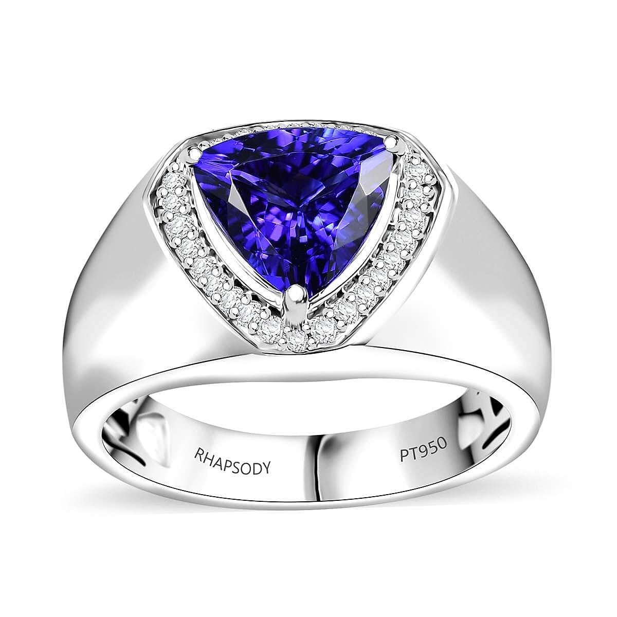 Certified & Appraised Rhapsody AAAA Tanzanite and E-F VS Diamond 3.10 ctw Shield Men's Ring in 950 Platinum (Size 11.0) 12.40 Grams image number 0