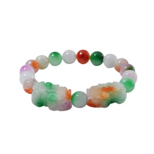 Multi Jade (D) 230.00 ctw Carved Pixiu and Beaded Stretch Bracelet