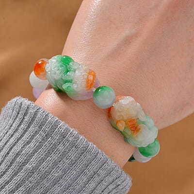 Multi Jade (D) 230.00 ctw Carved Pixiu and Beaded Stretch Bracelet