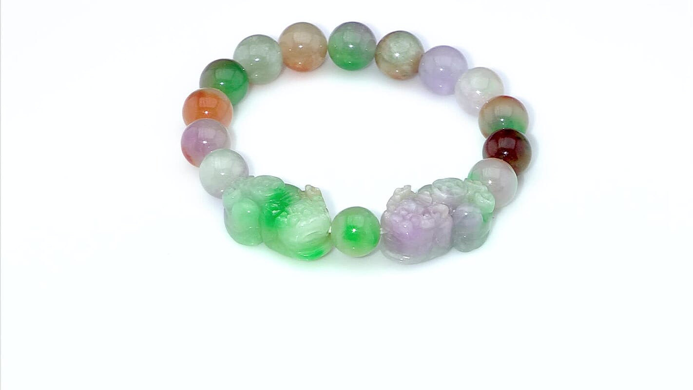 Multi Jade (D) 230.00 ctw Carved Pixiu and Beaded Stretch Bracelet