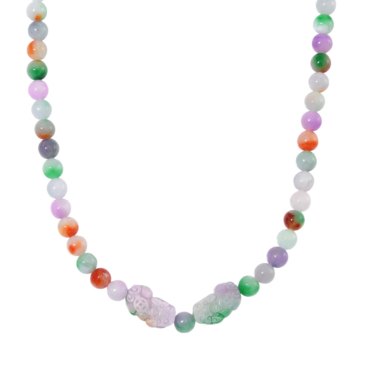 Multi Jade (D) 490.00 ctw Carved Pixiu with Beaded Necklace in Rhodium Over Sterling Silver 20 Inches image number 0