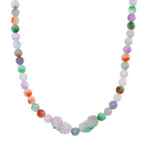 Multi Jade (D) 490.00 ctw Carved Pixiu with Beaded Necklace in Rhodium Over Sterling Silver 20 Inches