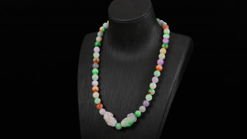 Multi Jade (D) 490.00 ctw Carved Pixiu with Beaded Necklace in Rhodium Over Sterling Silver 20 Inches