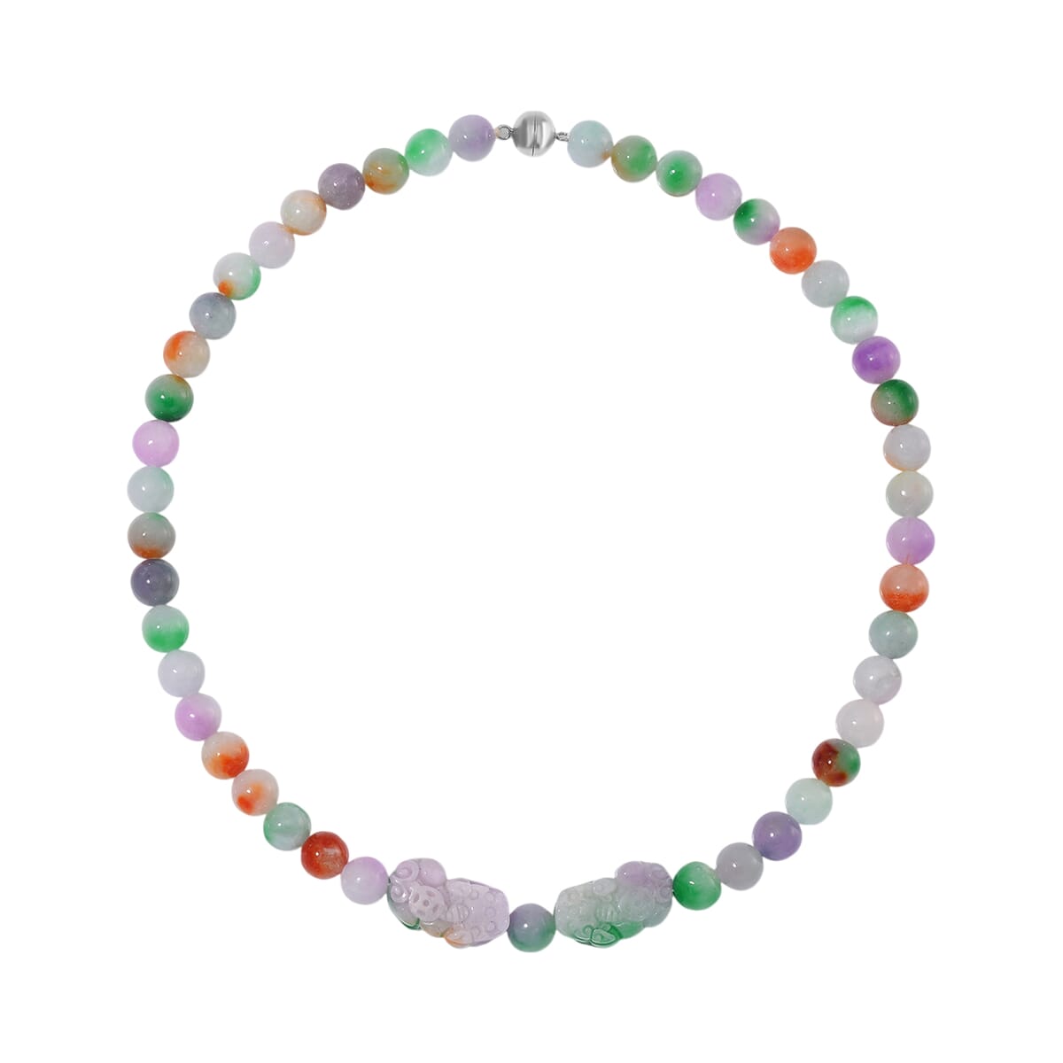 Multi Jade (D) 490.00 ctw Carved Pixiu with Beaded Necklace in Rhodium Over Sterling Silver 20 Inches image number 2