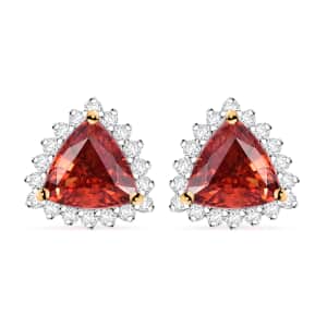 Luxoro AAA Padparadscha Sapphire (BT) and G-H I2 Diamond 2.25 ctw Trillion Halo Earrings in 14K Yellow Gold