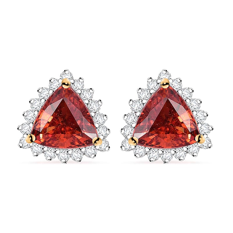 Luxoro AAA Padparadscha Sapphire (BT) and G-H I2 Diamond 2.25 ctw Trillion Halo Earrings in 14K Yellow Gold