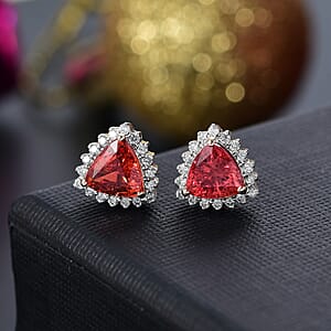 Luxoro AAA Padparadscha Sapphire (BT) and G-H I2 Diamond 2.25 ctw Trillion Halo Earrings in 14K Yellow Gold
