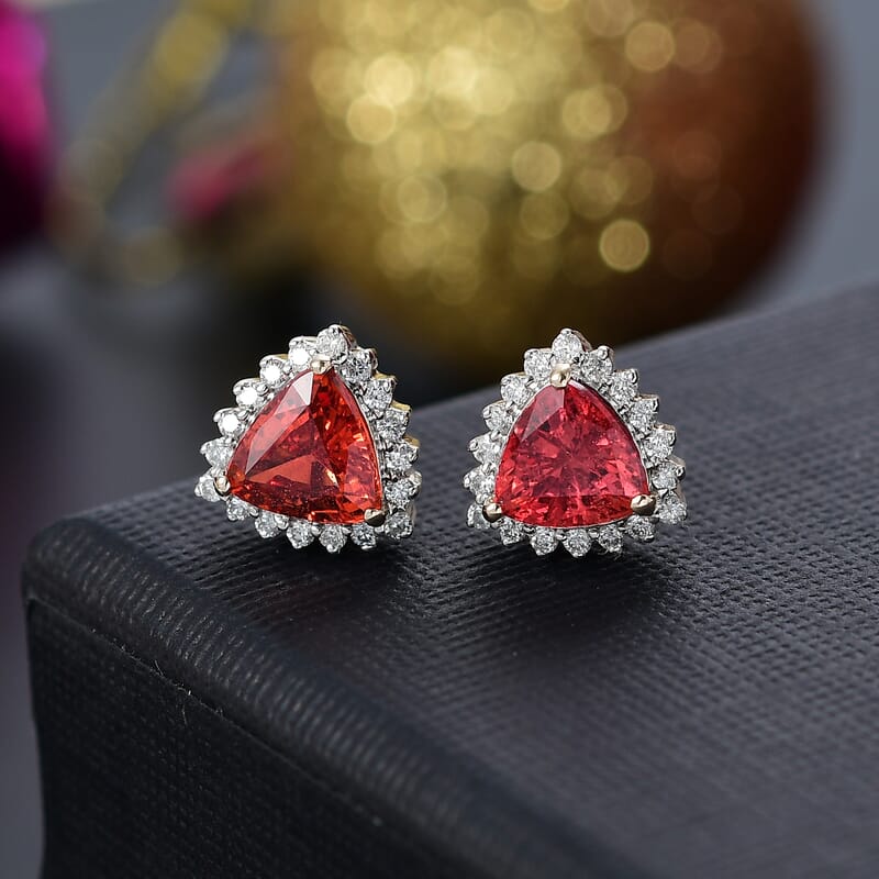 Luxoro AAA Padparadscha Sapphire (BT) and G-H I2 Diamond 2.25 ctw Trillion Halo Earrings in 14K Yellow Gold