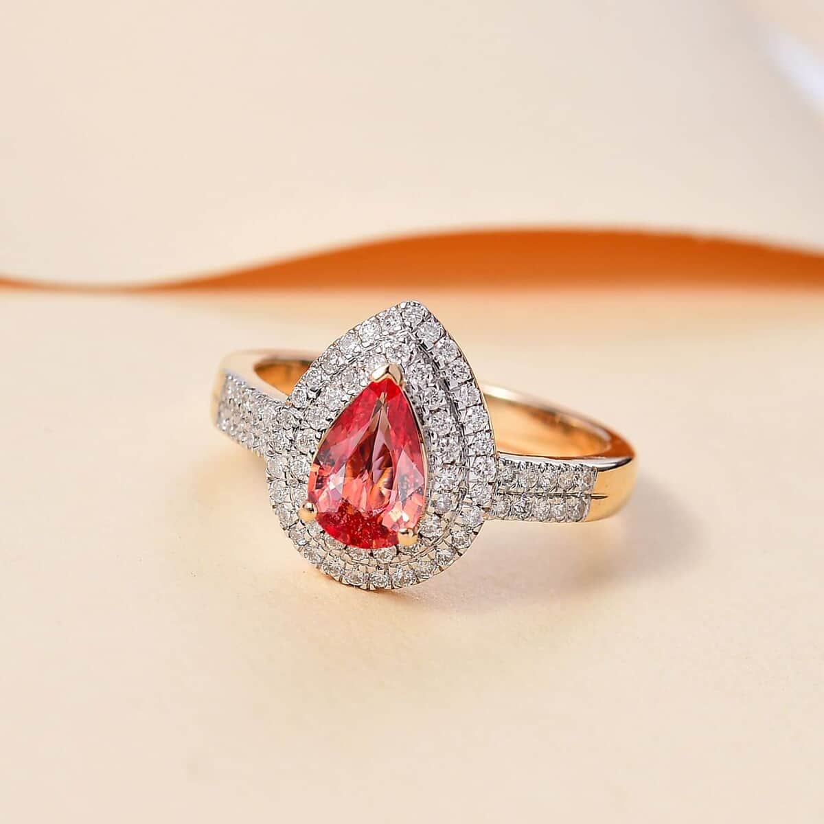 Epic Deal Luxoro 14K Yellow Gold AAA Padparadscha Sapphire (BT), Diamond (G-H, I2) (0.40 cts) Double Halo Ring (Size 10.0) 1.50 ctw image number 1