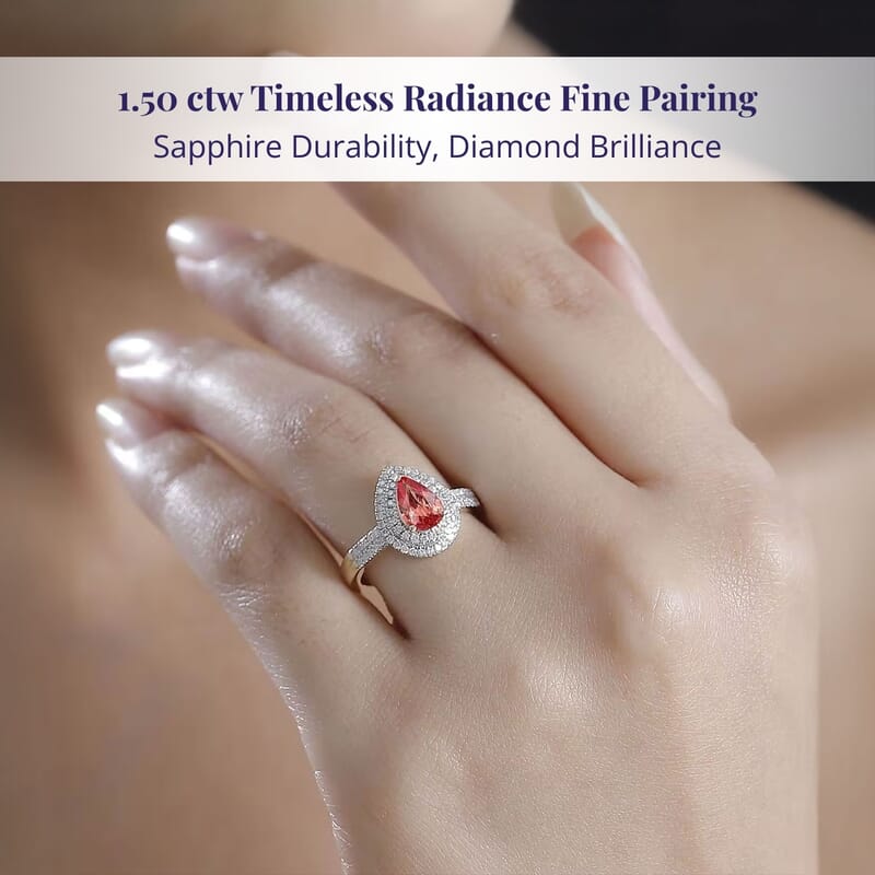 Epic Deal Luxoro 14K Yellow Gold AAA Padparadscha Sapphire (BT), Diamond (G-H, I2) (0.40 cts) Double Halo Ring (Size 10.0) 1.50 ctw