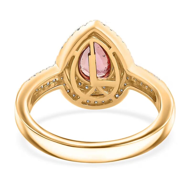 Epic Deal Luxoro 14K Yellow Gold AAA Padparadscha Sapphire (BT), Diamond (G-H, I2) (0.40 cts) Double Halo Ring (Size 10.0) 1.50 ctw