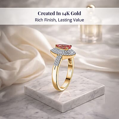 Epic Deal Luxoro 14K Yellow Gold AAA Padparadscha Sapphire (BT), Diamond (G-H, I2) (0.40 cts) Double Halo Ring (Size 10.0) 1.50 ctw