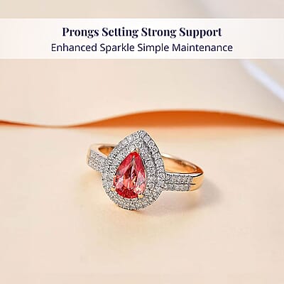 Epic Deal Luxoro 14K Yellow Gold AAA Padparadscha Sapphire (BT), Diamond (G-H, I2) (0.40 cts) Double Halo Ring (Size 10.0) 1.50 ctw