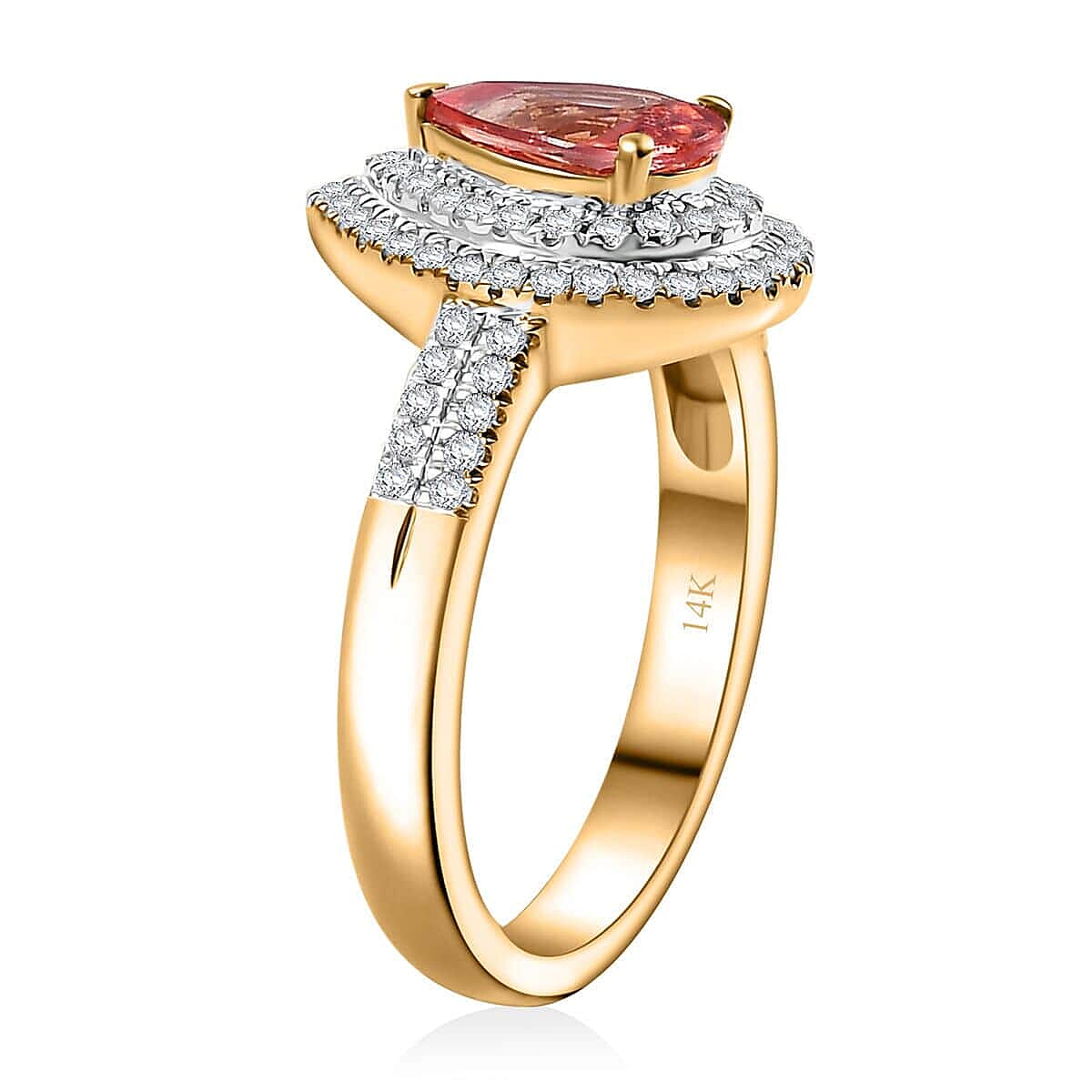 Epic Deal Luxoro 14K Yellow Gold AAA Padparadscha Sapphire (BT), Diamond (G-H, I2) (0.40 cts) Double Halo Ring (Size 5.5) 1.50 ctw image number 3