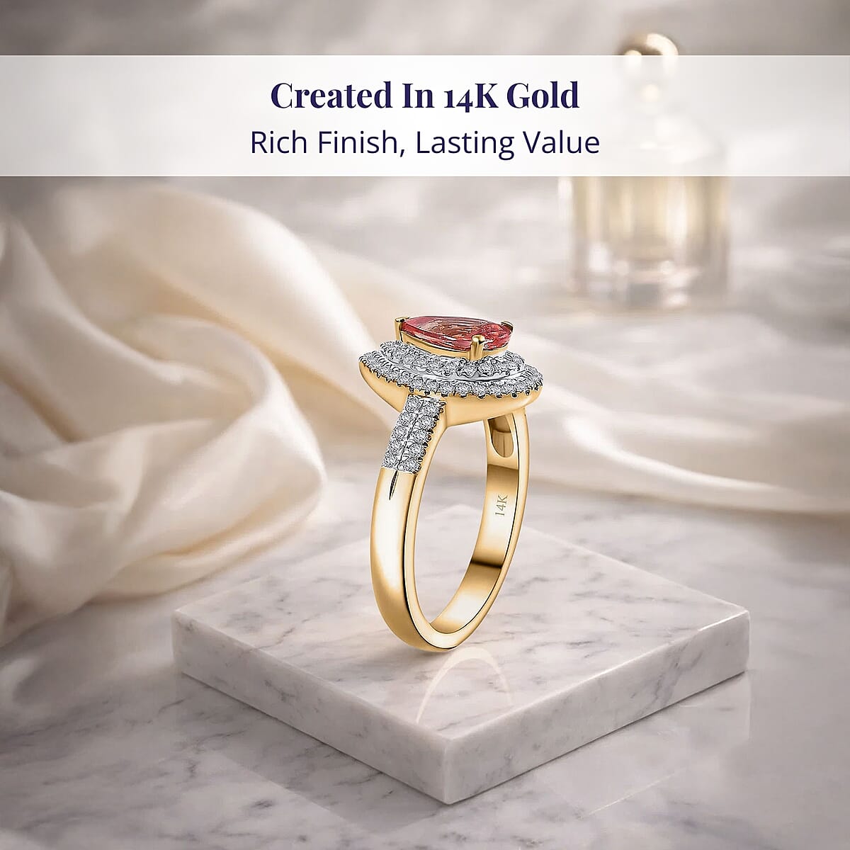 Luxoro AAA Padparadscha Sapphire (BT) and G-H I2 Diamond 1.50 ctw Double Halo Ring in 14K Yellow Gold (Size 7.0) image number 2