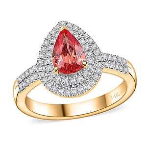 Epic Deal Luxoro 14K Yellow Gold AAA Padparadscha Sapphire (BT), Diamond (G-H, I2) (0.40 cts) Double Halo Ring (Size 7.5) 1.50 ctw