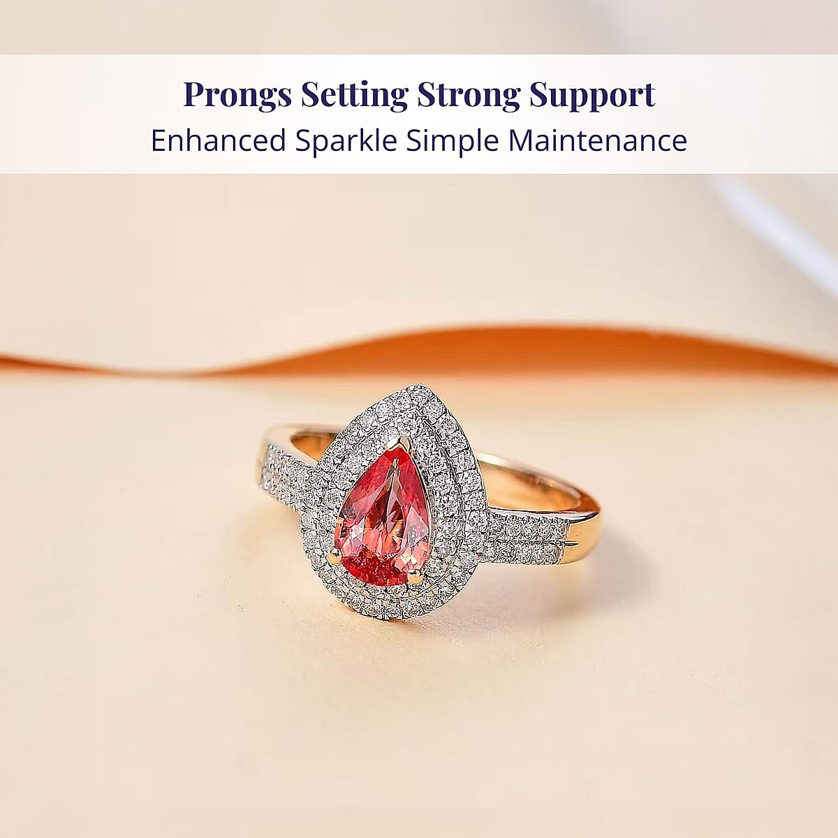 Epic Deal Luxoro 14K Yellow Gold AAA Padparadscha Sapphire (BT), Diamond (G-H, I2) (0.40 cts) Double Halo Ring (Size 7.5) 1.50 ctw image number 3