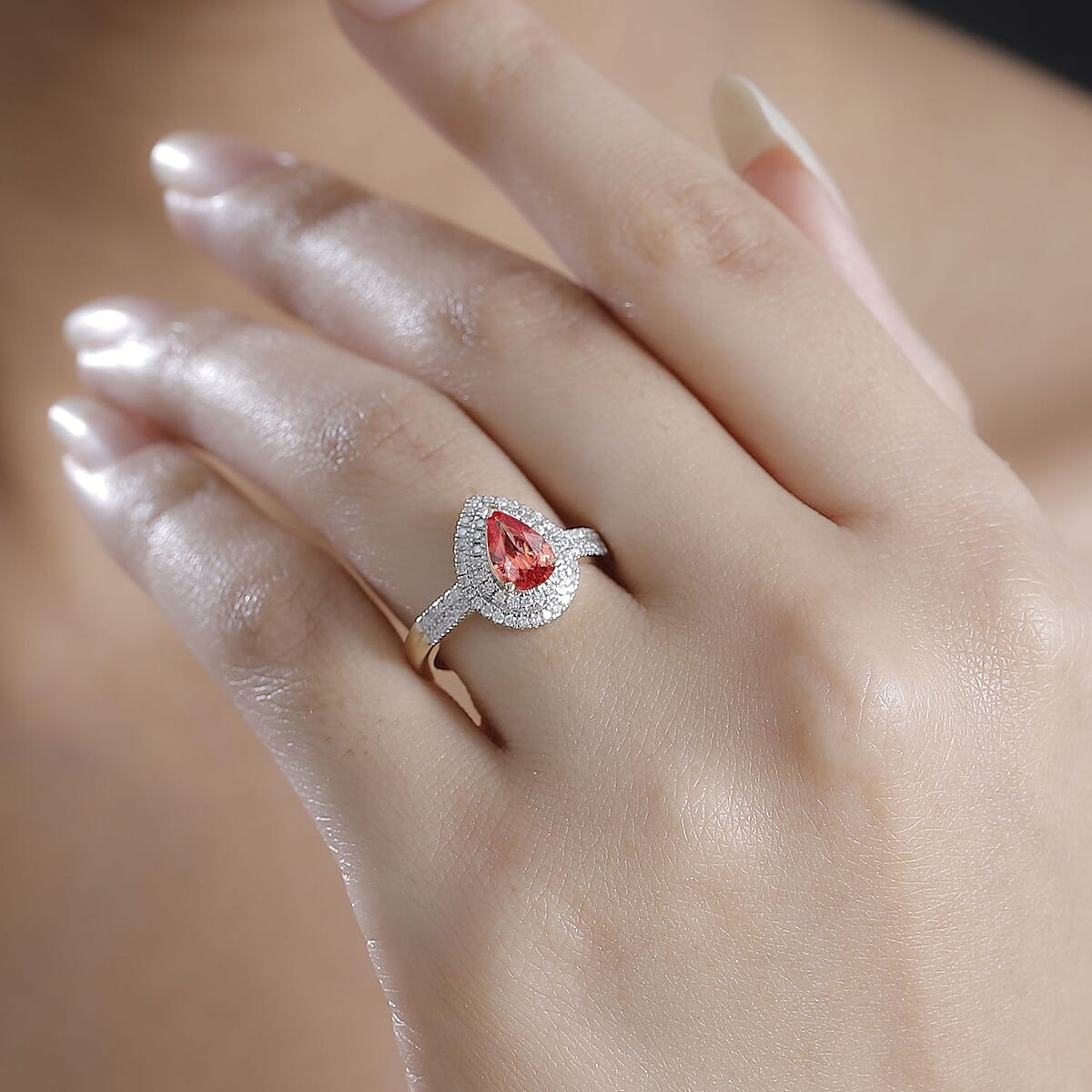 Luxoro AAA Padparadscha Sapphire (BT) and G-H I2 Diamond 1.50 ctw Double Halo Ring in 14K Yellow Gold (Size 9.0) image number 2