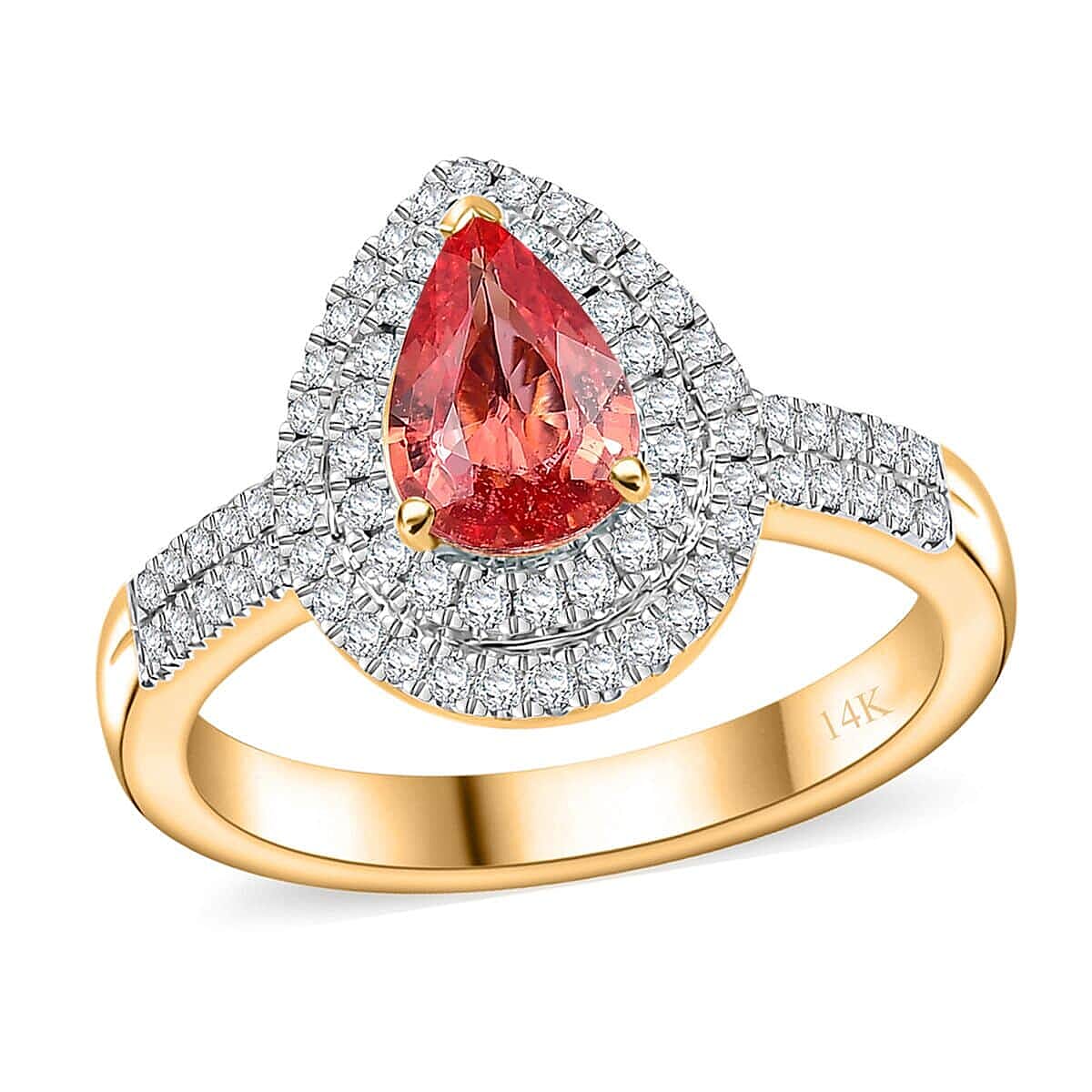 Epic Deal Luxoro 14K Yellow Gold AAA Padparadscha Sapphire (BT), Diamond (G-H, I2) (0.40 cts) Double Halo Ring (Size 9.5) 1.50 ctw image number 0
