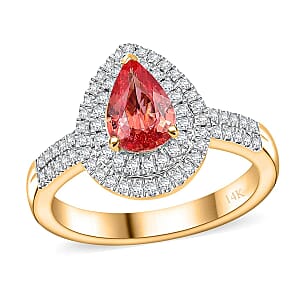Epic Deal Luxoro 14K Yellow Gold AAA Padparadscha Sapphire (BT), Diamond (G-H, I2) (0.40 cts) Double Halo Ring (Size 9.5) 1.50 ctw