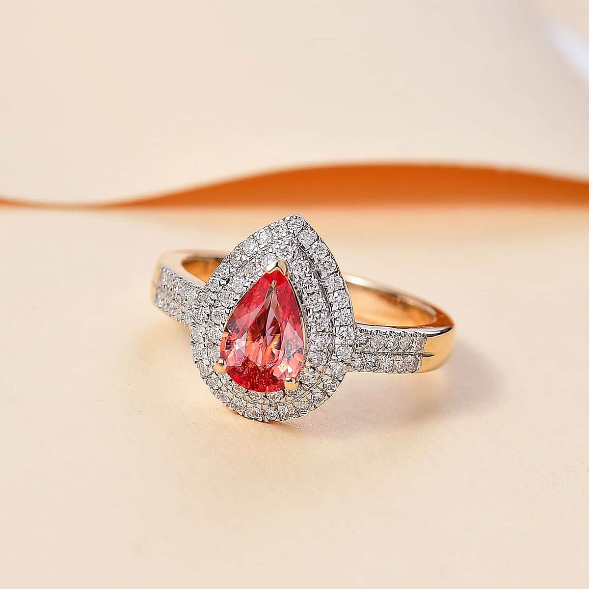 Epic Deal Luxoro 14K Yellow Gold AAA Padparadscha Sapphire (BT), Diamond (G-H, I2) (0.40 cts) Double Halo Ring (Size 9.5) 1.50 ctw image number 1