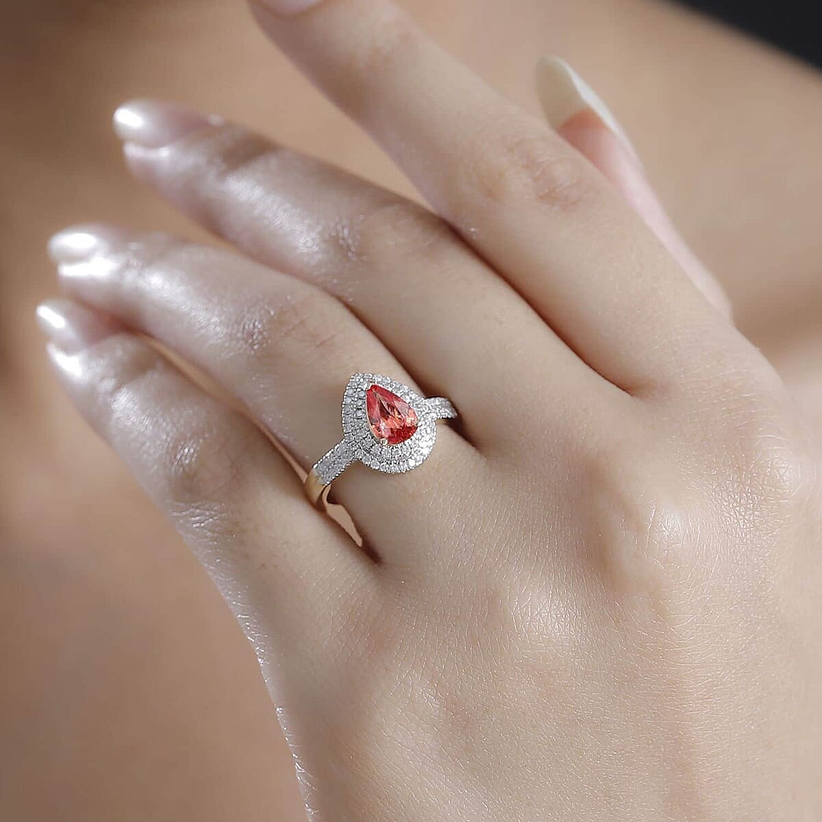 Epic Deal Luxoro 14K Yellow Gold AAA Padparadscha Sapphire (BT), Diamond (G-H, I2) (0.40 cts) Double Halo Ring (Size 9.5) 1.50 ctw image number 2