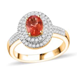 Epic Deal Luxoro 14K Yellow Gold AAA Padparadscha Sapphire (BT), Diamond (G-H, I2) (0.40 cts) Double Halo Ring (Size 10.0) 1.50 ctw