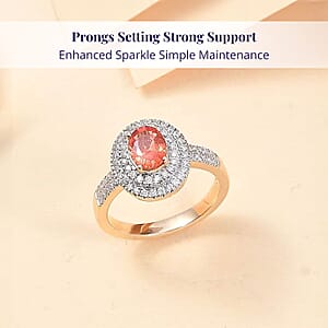 Epic Deal Luxoro 14K Yellow Gold AAA Padparadscha Sapphire (BT), Diamond (G-H, I2) (0.40 cts) Double Halo Ring (Size 10.5) 1.50 ctw