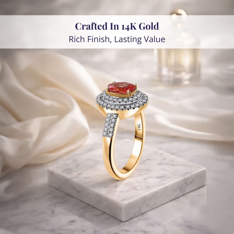 Luxoro 14K Yellow Gold AAA Padparadscha Sapphire (BT), Diamond (G-H, I2) (0.40 cts) Double Halo Ring (Size 11.0) 1.50 ctw