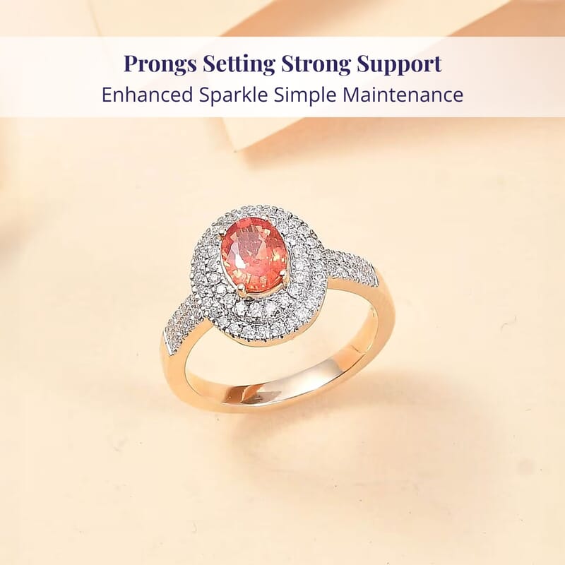 Luxoro 14K Yellow Gold AAA Padparadscha Sapphire (BT), Diamond (G-H, I2) (0.40 cts) Double Halo Ring (Size 11.0) 1.50 ctw