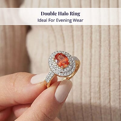 Luxoro 14K Yellow Gold AAA Padparadscha Sapphire (BT), Diamond (G-H, I2) (0.40 cts) Double Halo Ring (Size 11.0) 1.50 ctw