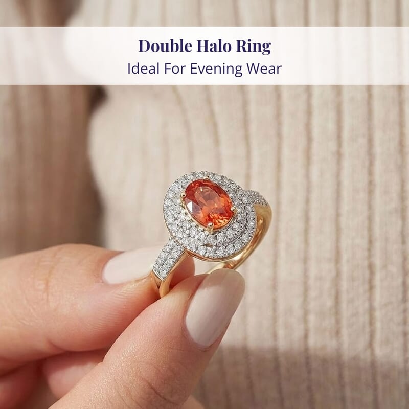 Luxoro 14K Yellow Gold AAA Padparadscha Sapphire (BT), Diamond (G-H, I2) (0.40 cts) Double Halo Ring (Size 11.0) 1.50 ctw