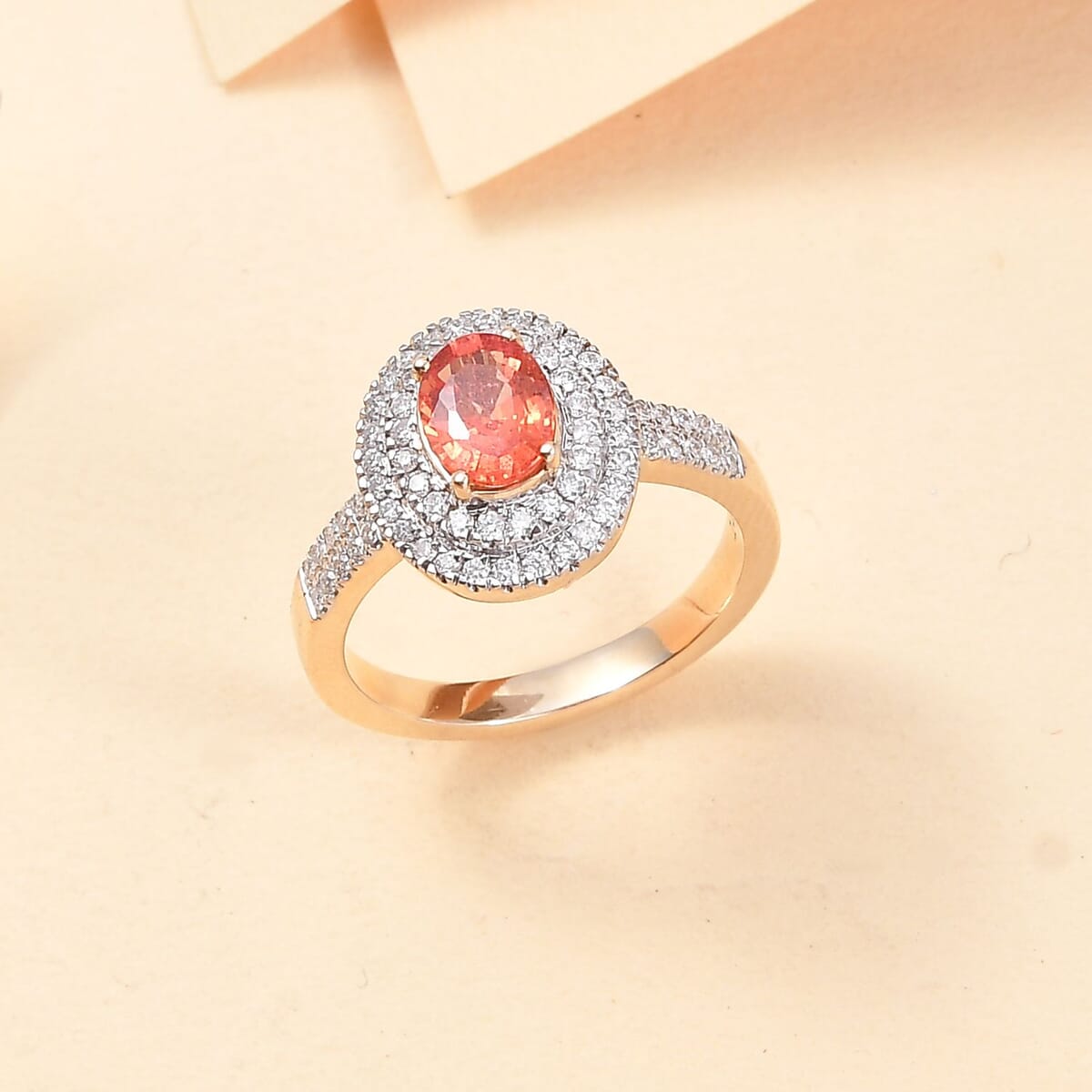 Luxoro AAA Padparadscha Sapphire (BT) and G-H I2 Diamond 1.50 ctw Double Halo Ring in 14K Yellow Gold (Size 8.0) image number 1