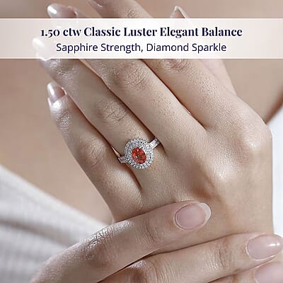 Luxoro AAA Padparadscha Sapphire (BT) and G-H I2 Diamond 1.50 ctw Double Halo Ring in 14K Yellow Gold (Size 8.0)