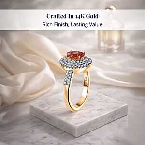 Luxoro AAA Padparadscha Sapphire (BT) and G-H I2 Diamond 1.50 ctw Double Halo Ring in 14K Yellow Gold (Size 8.0)