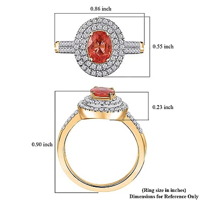 Luxoro AAA Padparadscha Sapphire (BT) and G-H I2 Diamond 1.50 ctw Double Halo Ring in 14K Yellow Gold (Size 8.0)