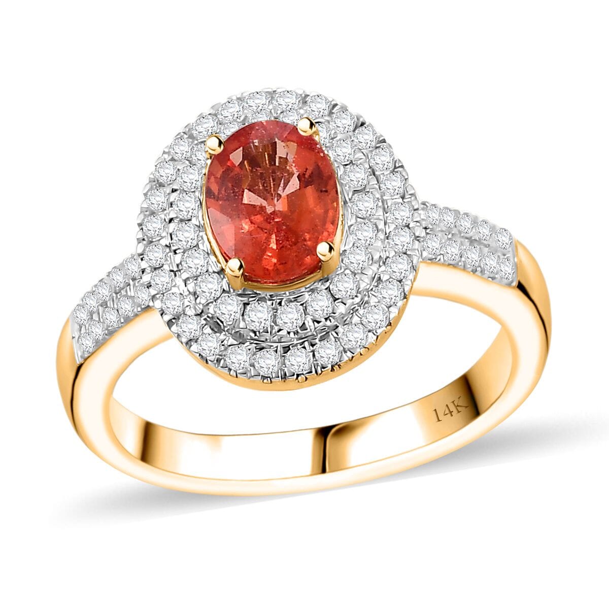 Luxoro AAA Padparadscha Sapphire (BT) and G-H I2 Diamond 1.50 ctw Double Halo Ring in 14K Yellow Gold (Size 9.0) image number 0