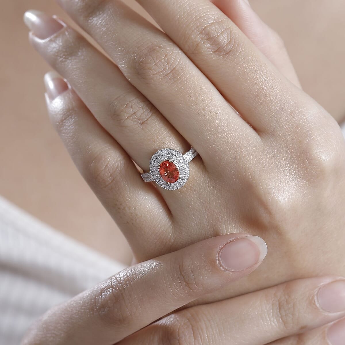 Luxoro AAA Padparadscha Sapphire (BT) and G-H I2 Diamond 1.50 ctw Double Halo Ring in 14K Yellow Gold (Size 9.0) image number 2
