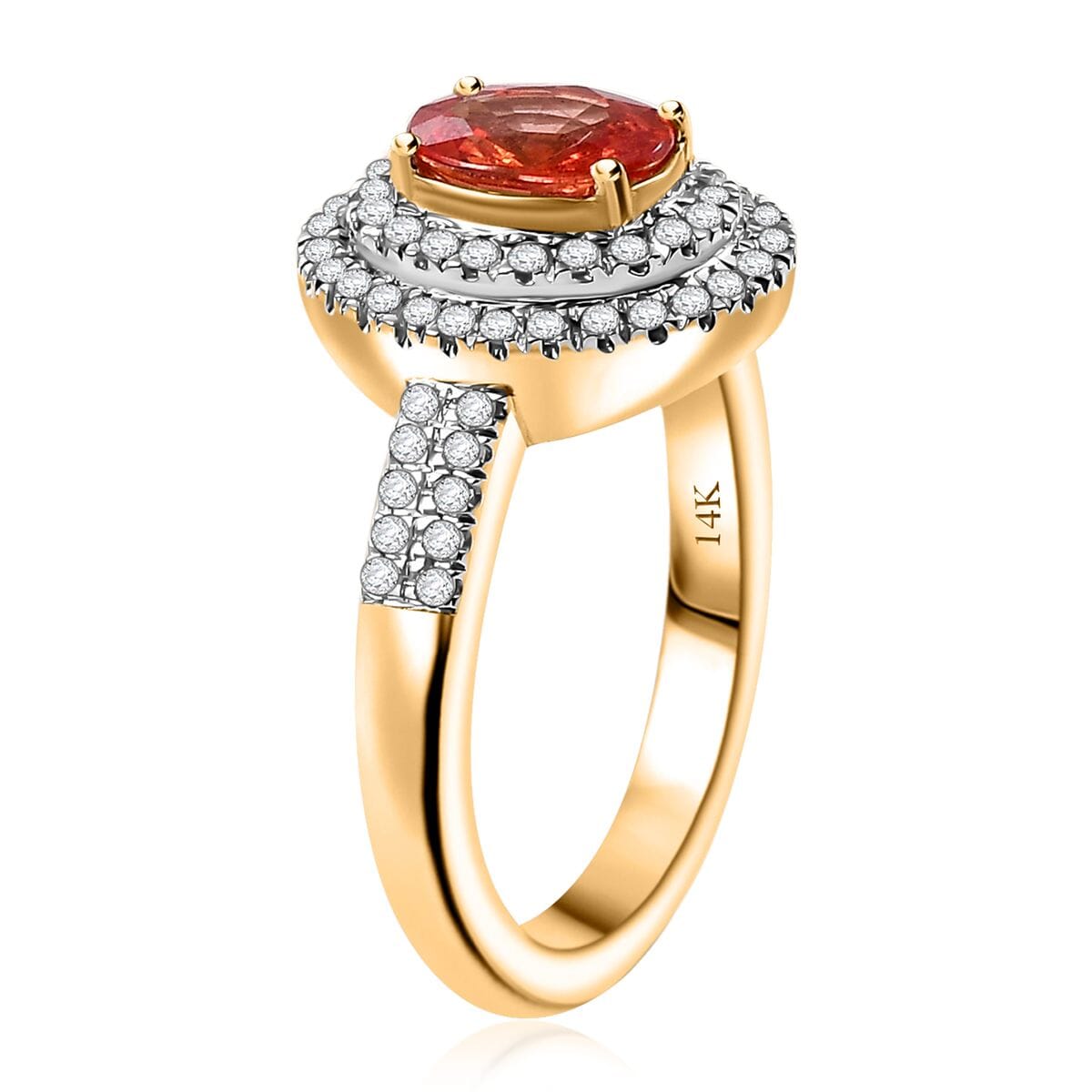 Luxoro AAA Padparadscha Sapphire (BT) and G-H I2 Diamond 1.50 ctw Double Halo Ring in 14K Yellow Gold (Size 9.0) image number 3