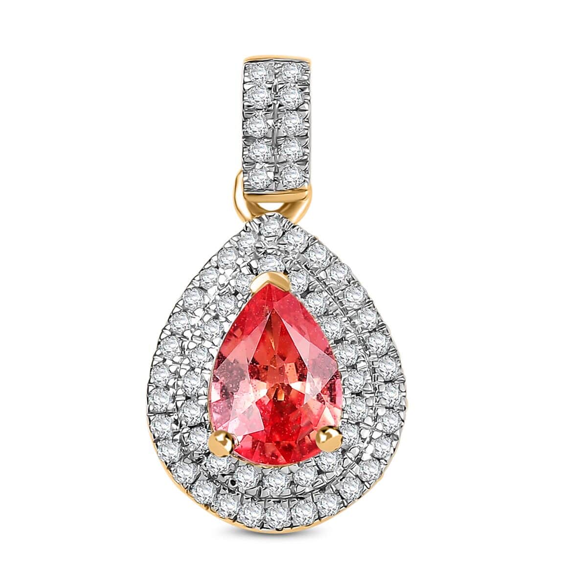 Luxoro AAA Padparadscha Sapphire (BT) and G-H I2 Diamond 1.40 ctw Double Halo Pendant in 14K Yellow Gold image number 0