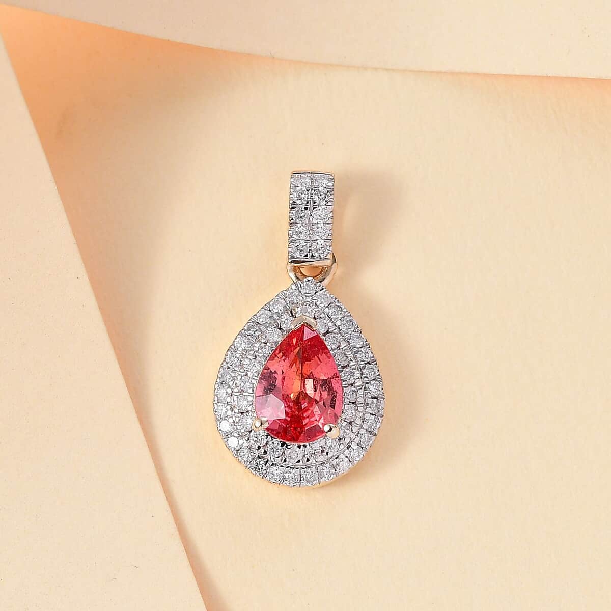 Luxoro AAA Padparadscha Sapphire (BT) and G-H I2 Diamond 1.40 ctw Double Halo Pendant in 14K Yellow Gold image number 1