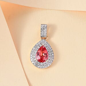 Luxoro AAA Padparadscha Sapphire (BT) and G-H I2 Diamond 1.40 ctw Double Halo Pendant without Chain in 14K Yellow Gold